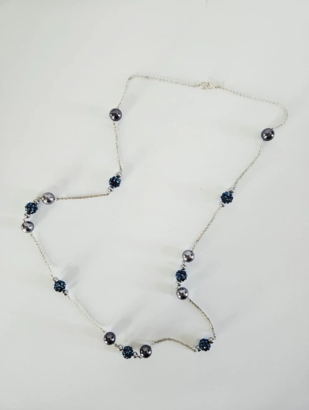 Vintage RMN Roman Blue Faux Pearl Beaded Silver Tone Opera Length Chain Necklace